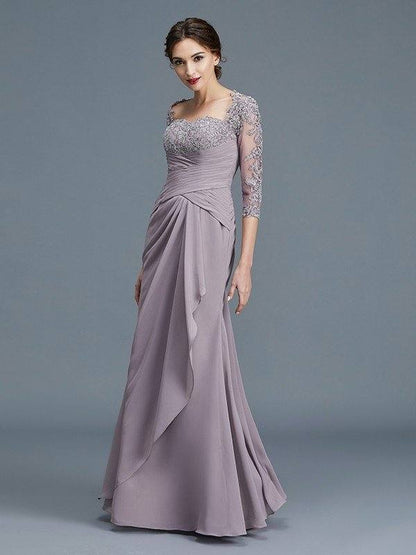 Sheath/Column 3/4 Sleeves Sweetheart Ruffles Chiffon Floor-Length Mother of the Bride Dresses - RongMoon