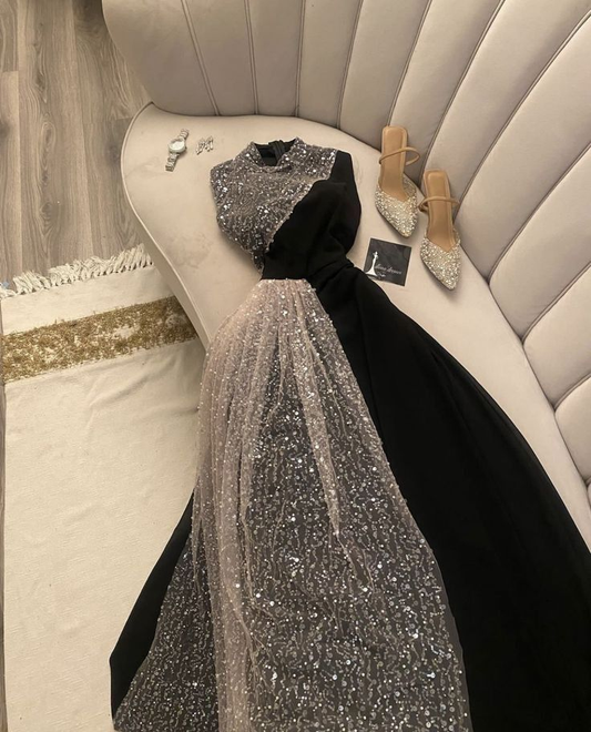 Charming Black A line High Neckline Sequin Birthay Party Dress Prom Dress cc2396