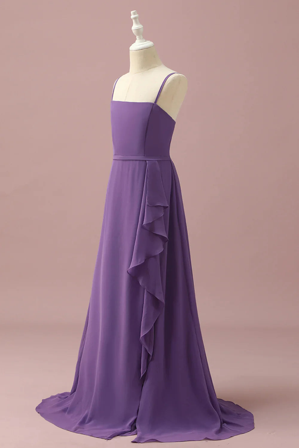 Purple Chiffon Spaghetti Straps Junior Bridesmaid Dress With Cascading Ruffles