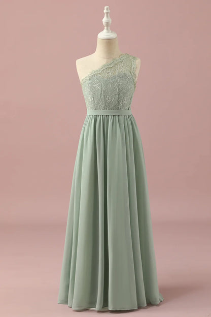 Green One Shoulder Lace and Chiffon Junior Bridesmaid Dress