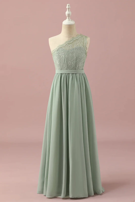 Green One Shoulder Lace and Chiffon Junior Bridesmaid Dress
