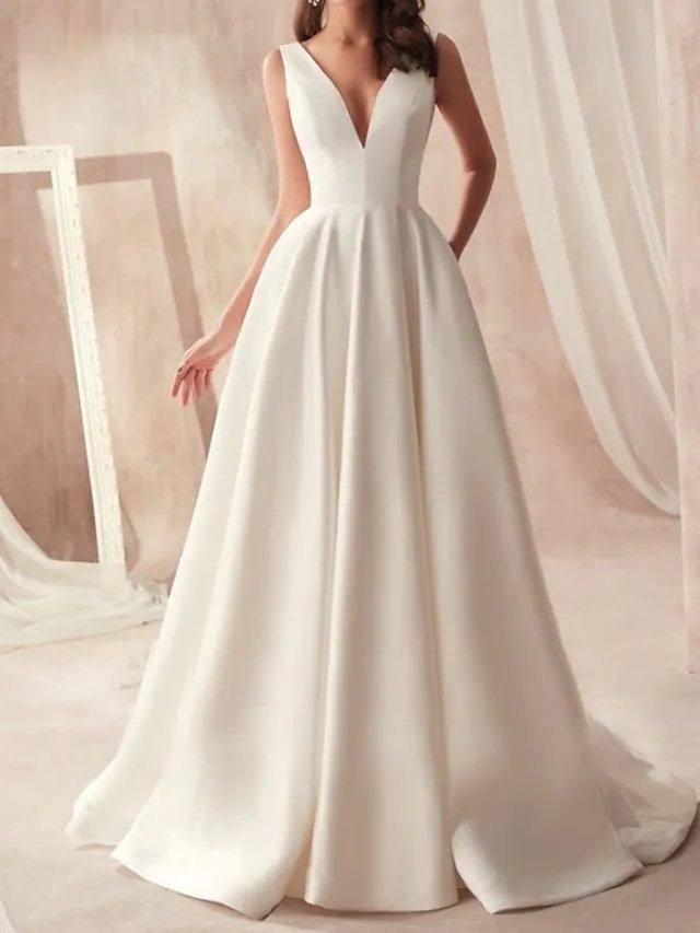 A-Line Wedding Dresses V Neck Floor Length Satin Sleeveless Simple - RongMoon