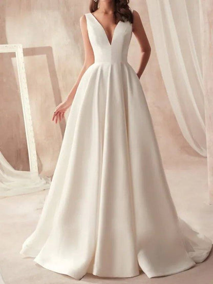 A-Line Wedding Dresses V Neck Floor Length Satin Sleeveless Simple - RongMoon