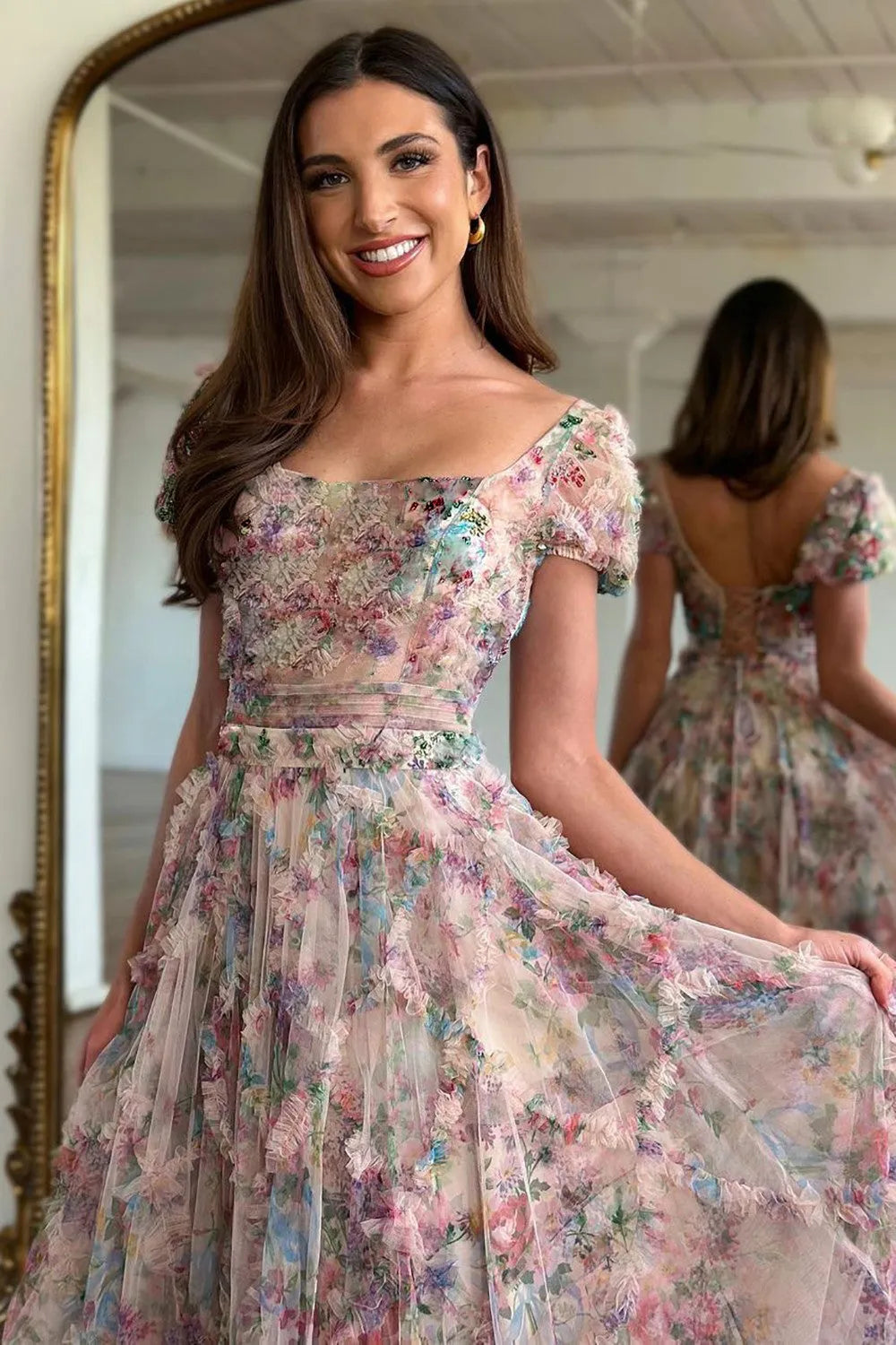 Aimishang Prom Dress A-Line Square Neck Cap Sleeves Print Tulle