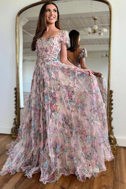 Aimishang Prom Dress A-Line Square Neck Cap Sleeves Print Tulle