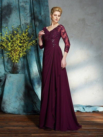 A-Line/Princess V-neck Beading 3/4 Sleeves Long Chiffon Mother of the Bride Dresses - RongMoon