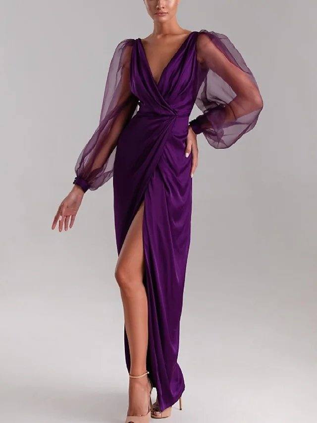 Sheath / Column Minimalist Sexy Wedding Guest Formal Evening Dress V Neck Long Sleeve Floor Length Charmeuse with Pleats Split - RongMoon