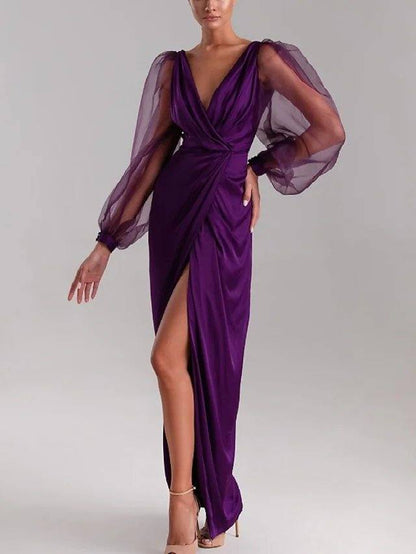 Sheath / Column Minimalist Sexy Wedding Guest Formal Evening Dress V Neck Long Sleeve Floor Length Charmeuse with Pleats Split - RongMoon
