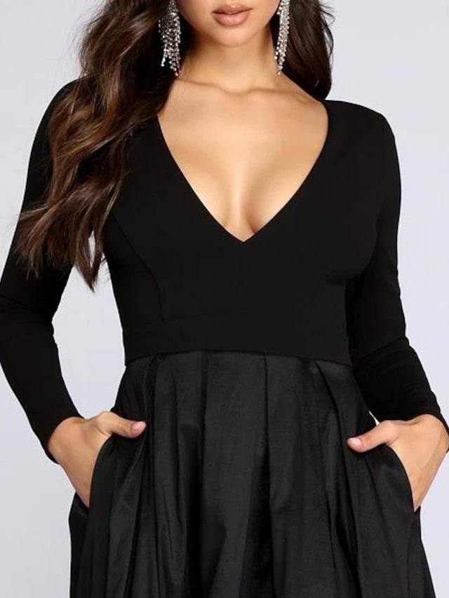 Ball Gown Elegant Prom Formal Evening Dress V Neck Long Sleeve Floor Length Spandex with Pleats Split - RongMoon