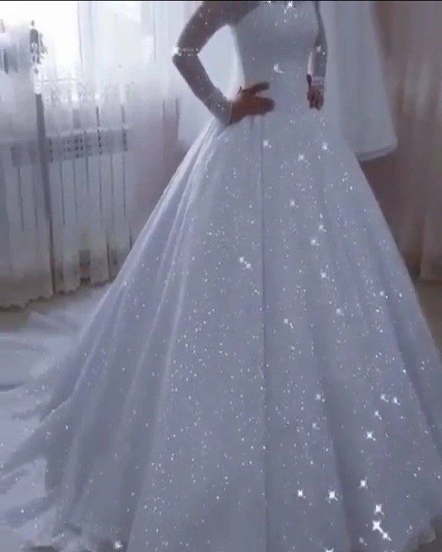 Bling Bling Sequin Wedding Dress Long Sleeves Ball Gown - RongMoon