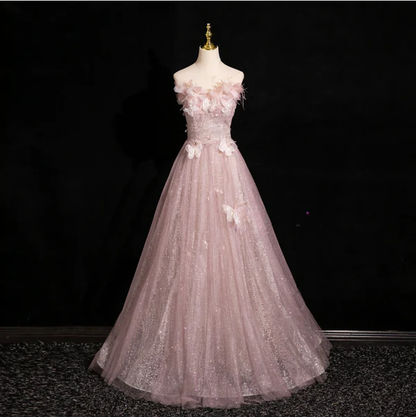 Pink Tulle Sequins Off the Shoulder Butterfly Flower Prom Dress Sweet Ball Gown cc2431