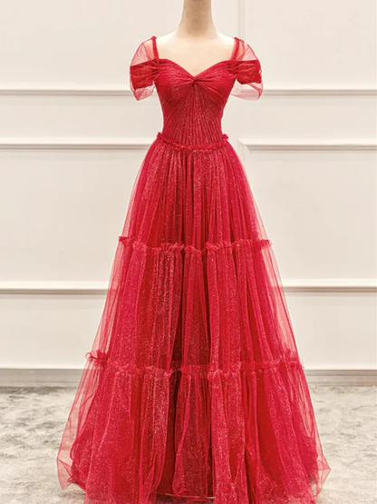 Pretty Red Tulle Off The Shoulder Evening Dress Shiny Sweetheart Prom Party Dress cc2192