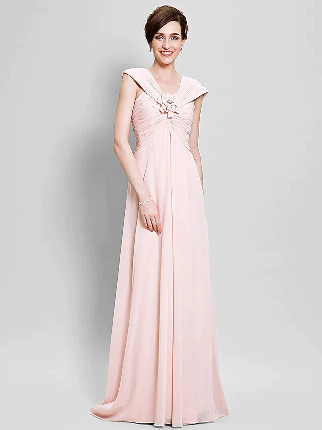 Mother of the Bride Dress Floral V Neck Floor Length Chiffon Sleeveless with Criss Cross Flower