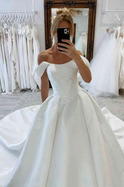 Elegant Satin Off-Shoulder A-Line Long Princess Wedding Dress