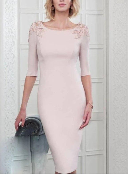 Half Sleeves Mother Of The Bride Dresses Sheath Knee Length Appliques Beaded Plus Size Short Groom Mother Dresses For Wedding - RongMoon