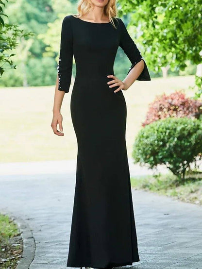 Sheath / Column Mother of the Bride Dress Elegant Jewel Neck Floor Length Stretch Fabric Half Sleeve with Beading - RongMoon