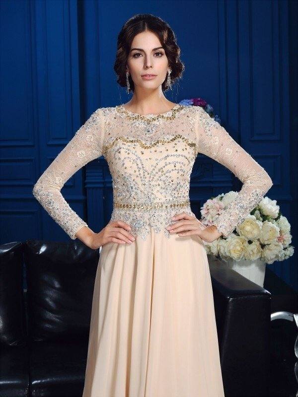 A-Line/Princess Scoop Beading Long Sleeves Long Chiffon Mother of the Bride Dresses - RongMoon