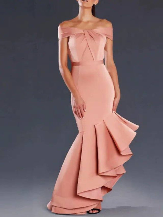 Mermaid / Trumpet Minimalist Sexy Engagement Prom Valentine's Day Dress Off Shoulder Sleeveless Asymmetrical Satin with Sleek Ruffles - RongMoon