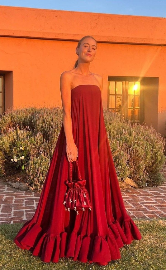 Vintage Burgundy Strapless Satin A Line Ruffle Party Dress,Formal Prom Evening Gown cc2901