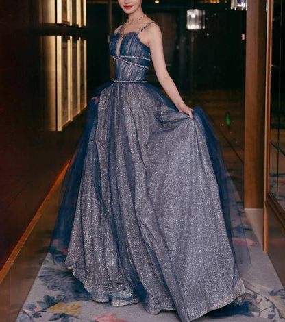 Shiny tulle long A line prom dress blue evening dress C2379