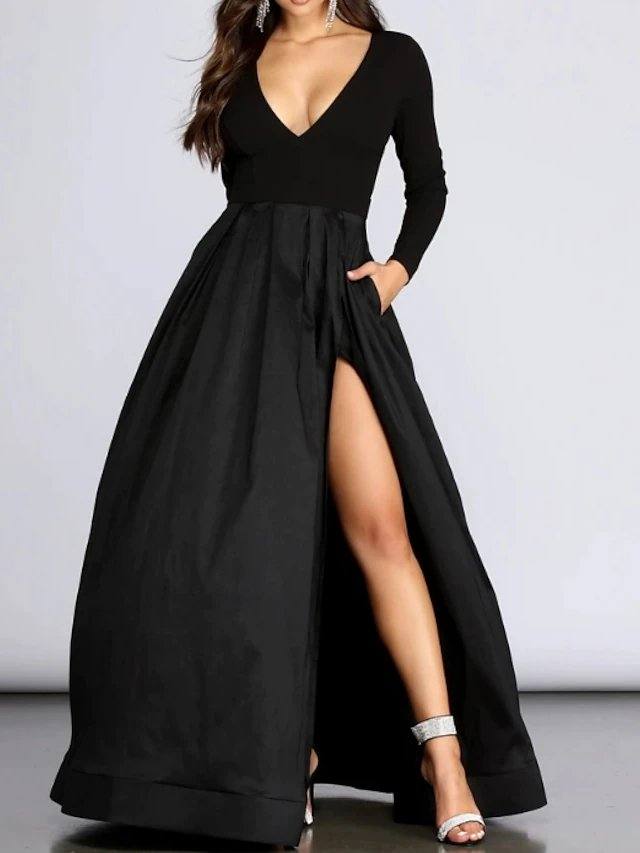 Ball Gown Elegant Prom Formal Evening Dress V Neck Long Sleeve Floor Length Spandex with Pleats Split - RongMoon