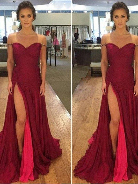 A-Line/Princess Off-the-Shoulder Sleeveless Sweep/Brush Train Chiffon Dresses - RongMoon