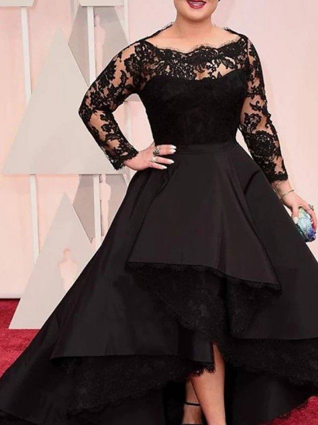 A-Line Celebrity Style Plus Size Wedding Guest Prom Dress Jewel Neck Long Sleeve Asymmetrical Satin with Tier Lace Insert - RongMoon