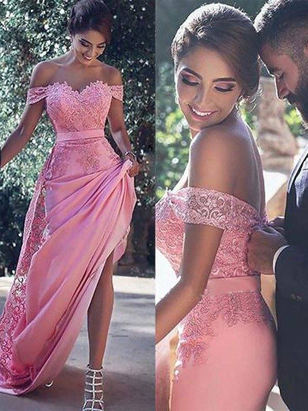 Sheath/Column Off-the-Shoulder Sleeveless Sweep/Brush Train Silk Like Satin Dresses - RongMoon