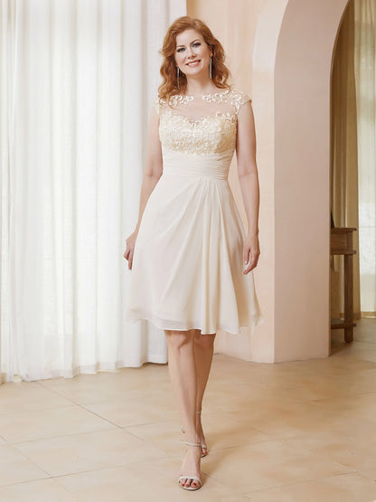 Illusion Neckline Ruffle Knee-Length Dress Champagne