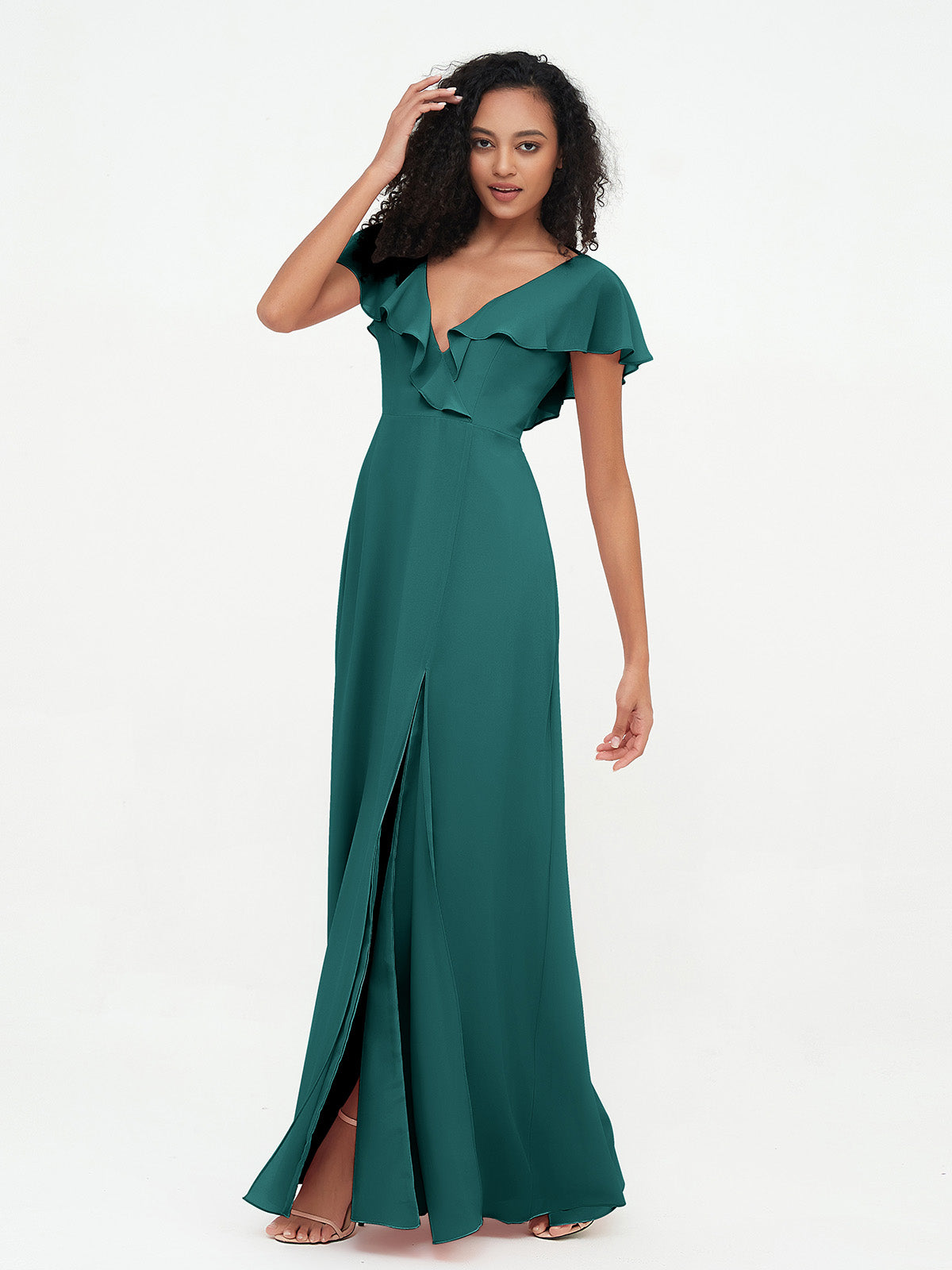 A-line V-neck Chiffon Dresses with Pockets-Peacock