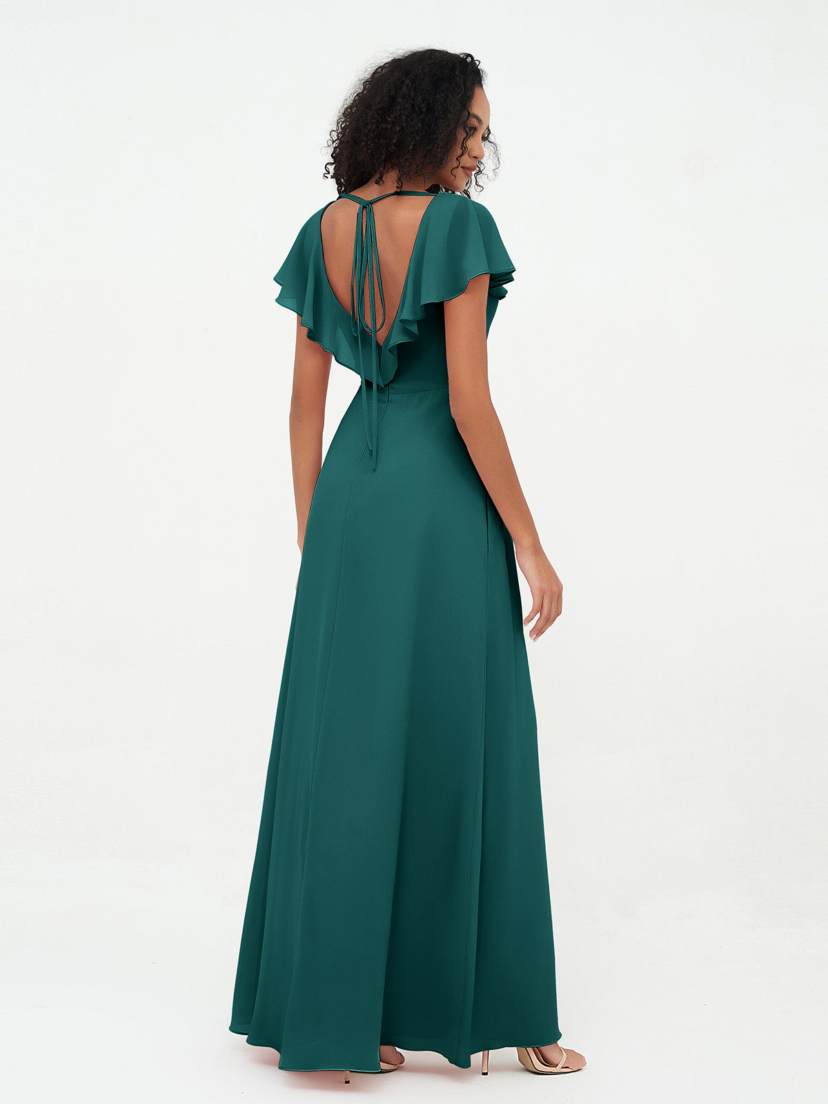 A-line V-neck Chiffon Dresses with Pockets-Peacock