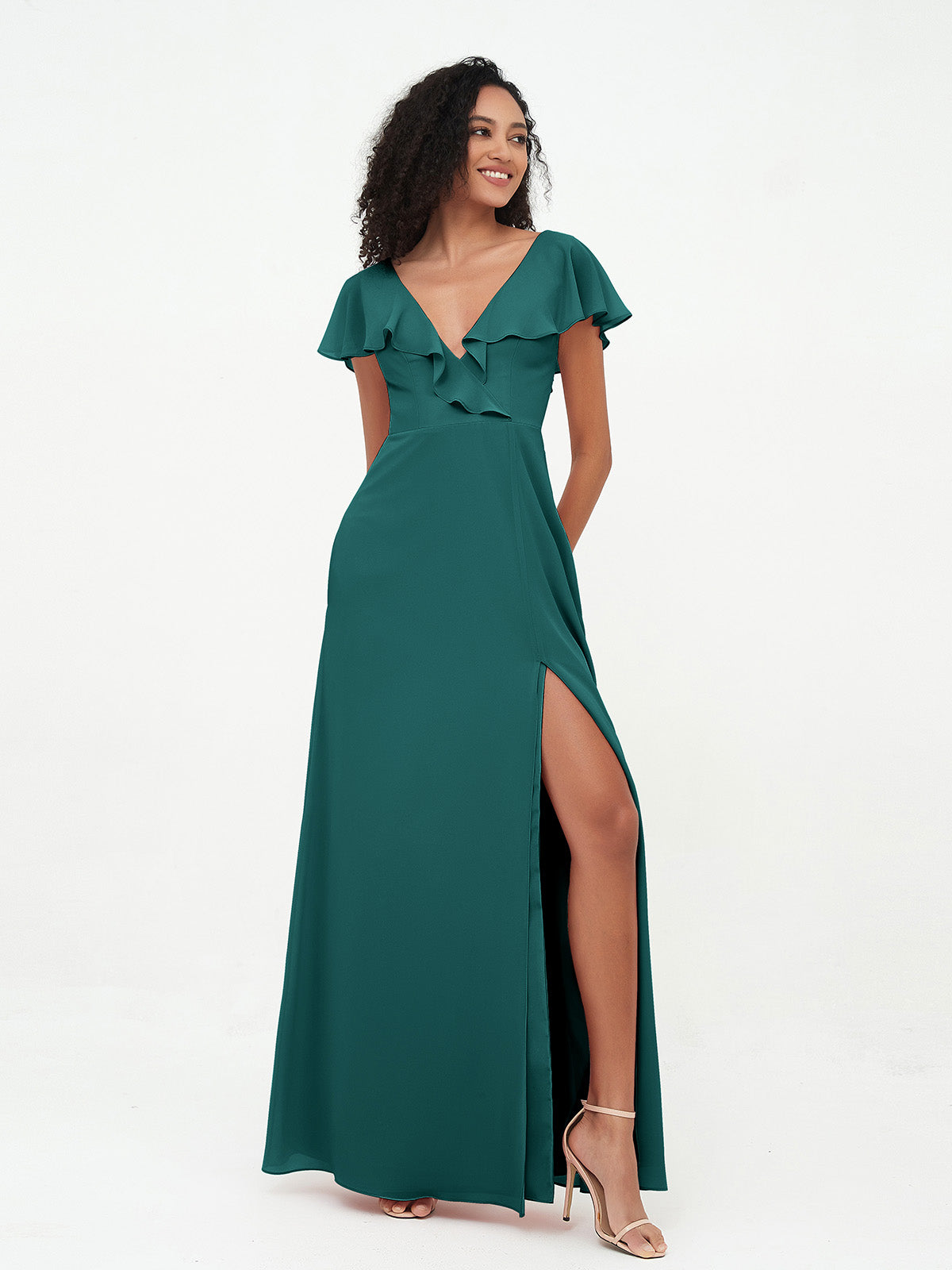 A-line V-neck Chiffon Dresses with Pockets-Peacock