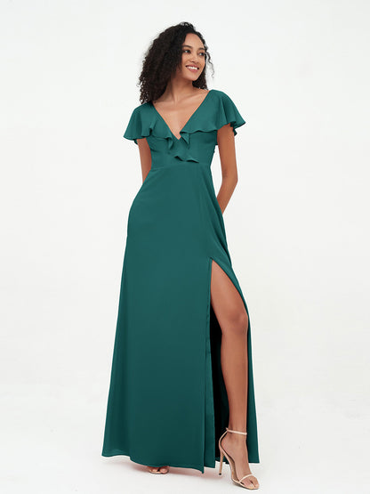 A-line V-neck Chiffon Dresses with Pockets-Peacock