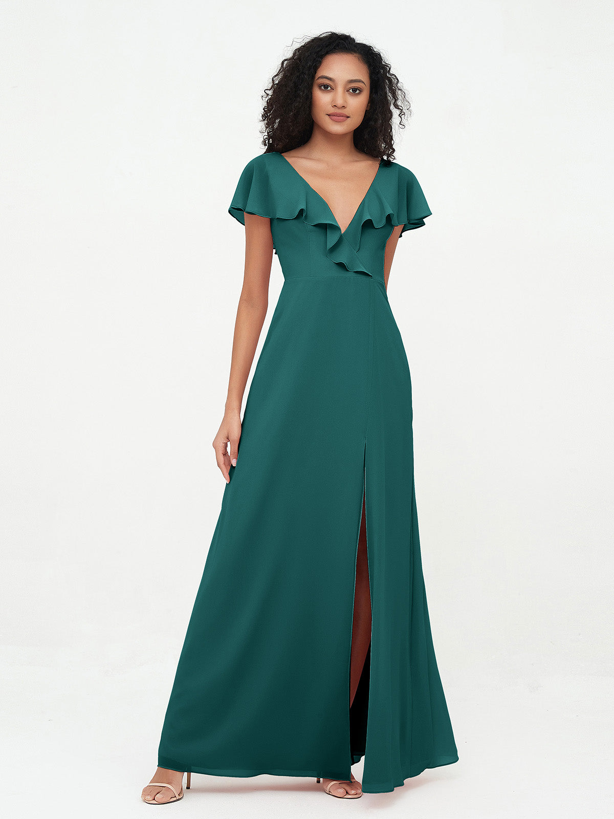 A-line V-neck Chiffon Dresses with Pockets-Peacock