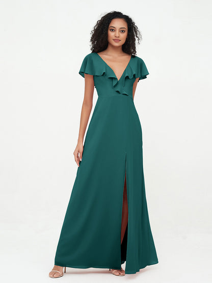 A-line V-neck Chiffon Dresses with Pockets-Peacock