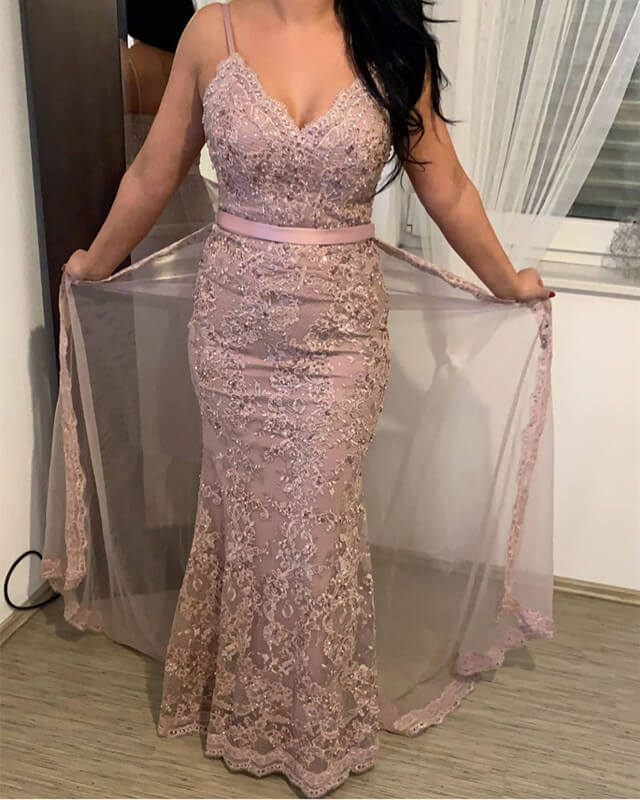 Pale Pink Mermaid Lace Prom Dress