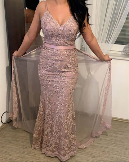 Pale Pink Mermaid Lace Prom Dress