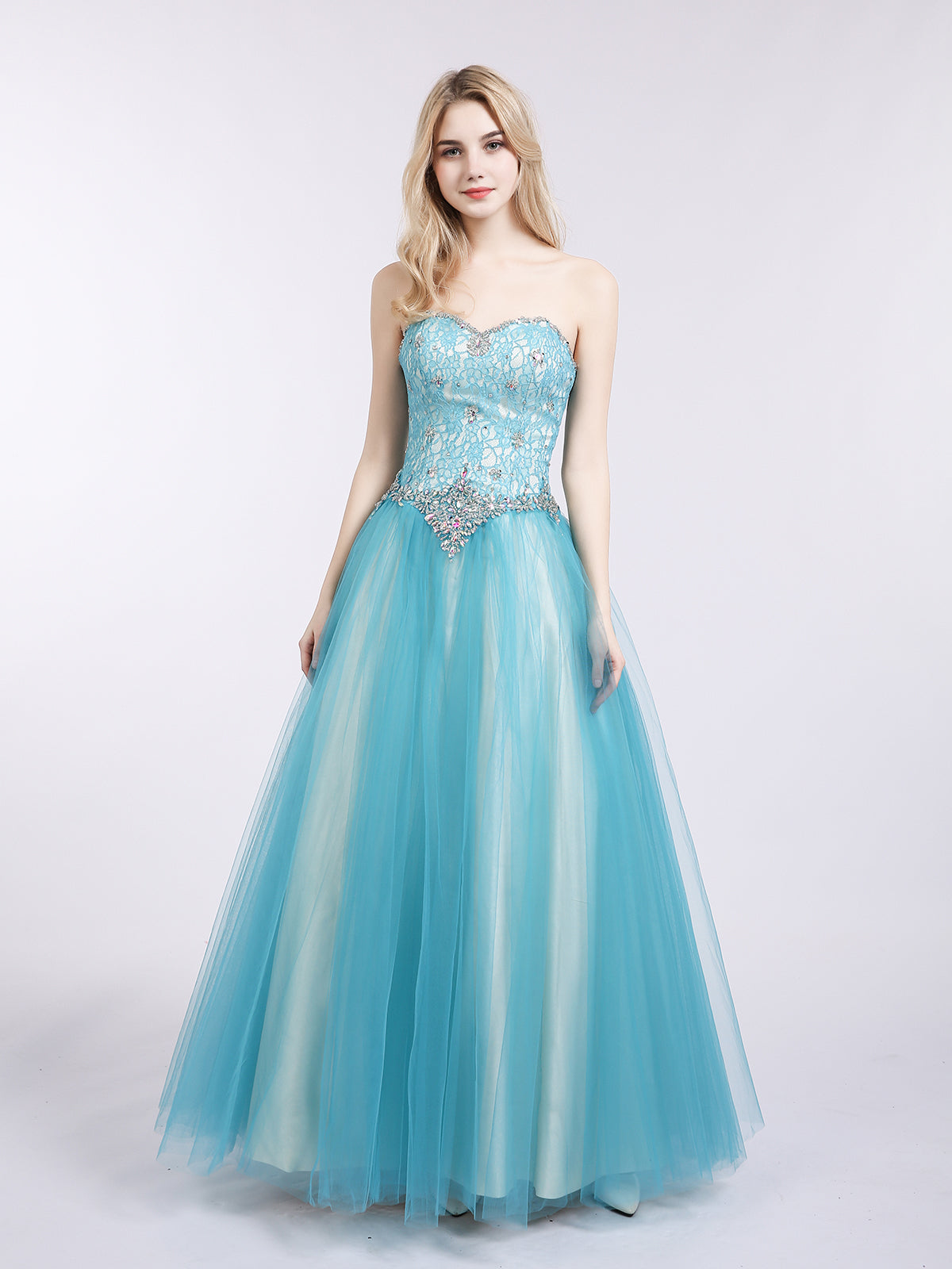Sweetheart Neck Lace and Tulle Prom Gown-Pool