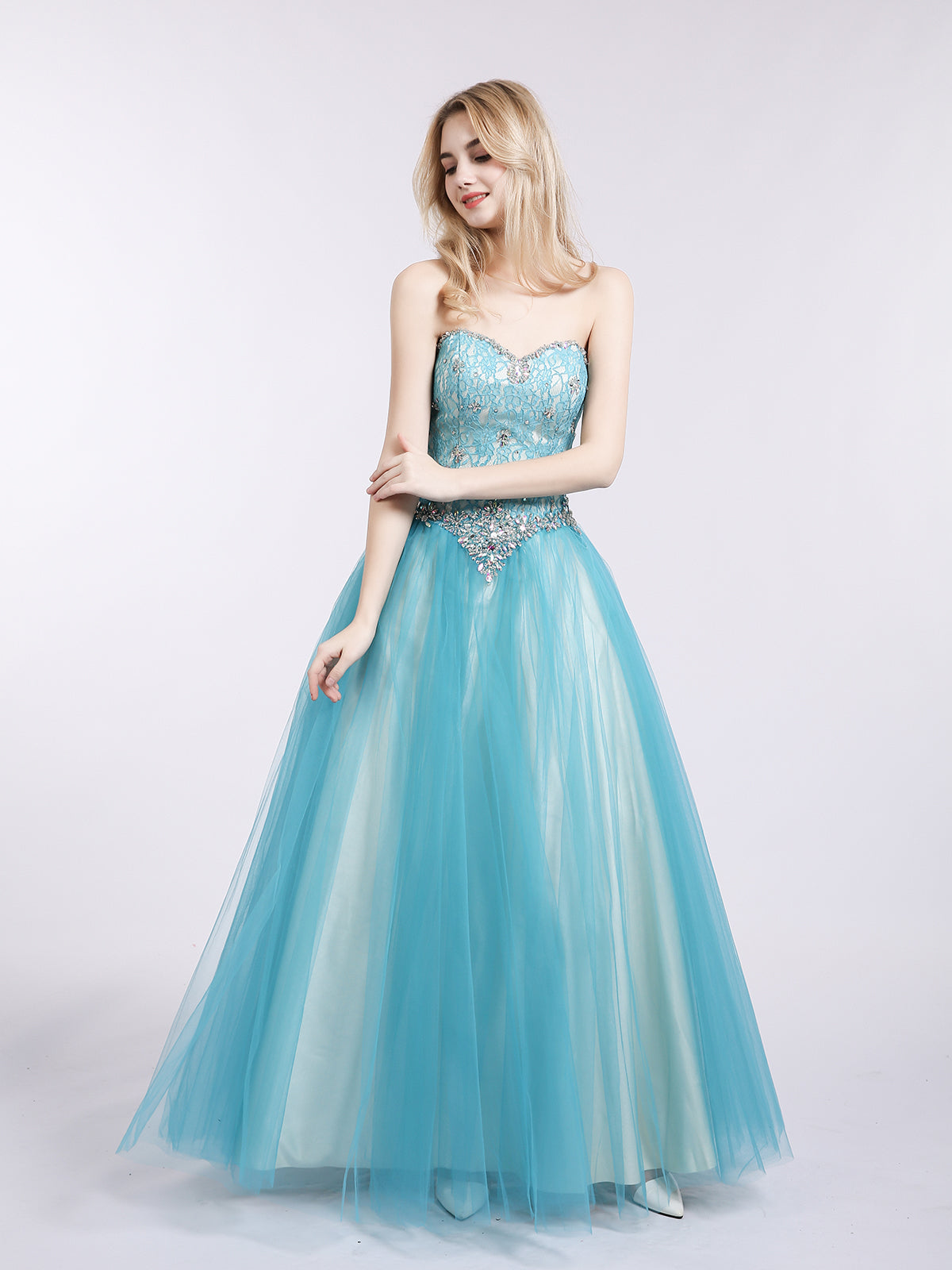 Sweetheart Neck Lace and Tulle Prom Gown-Pool