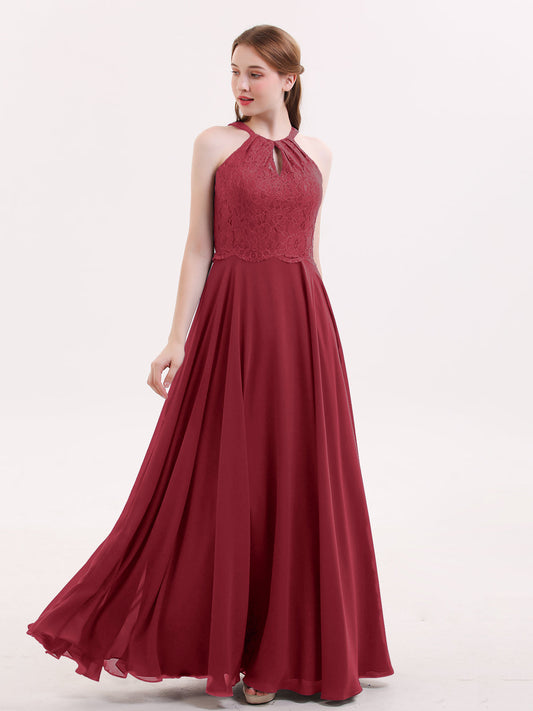 Lace and Chiffon Halter Dress with Open Back-Burgundy