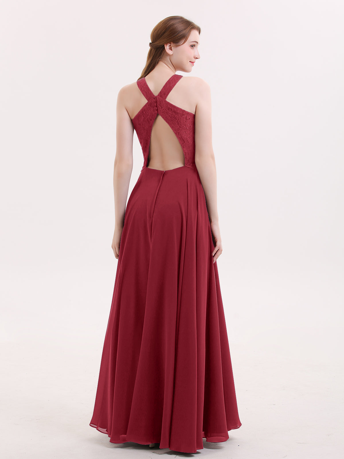 Lace and Chiffon Halter Dress with Open Back-Burgundy
