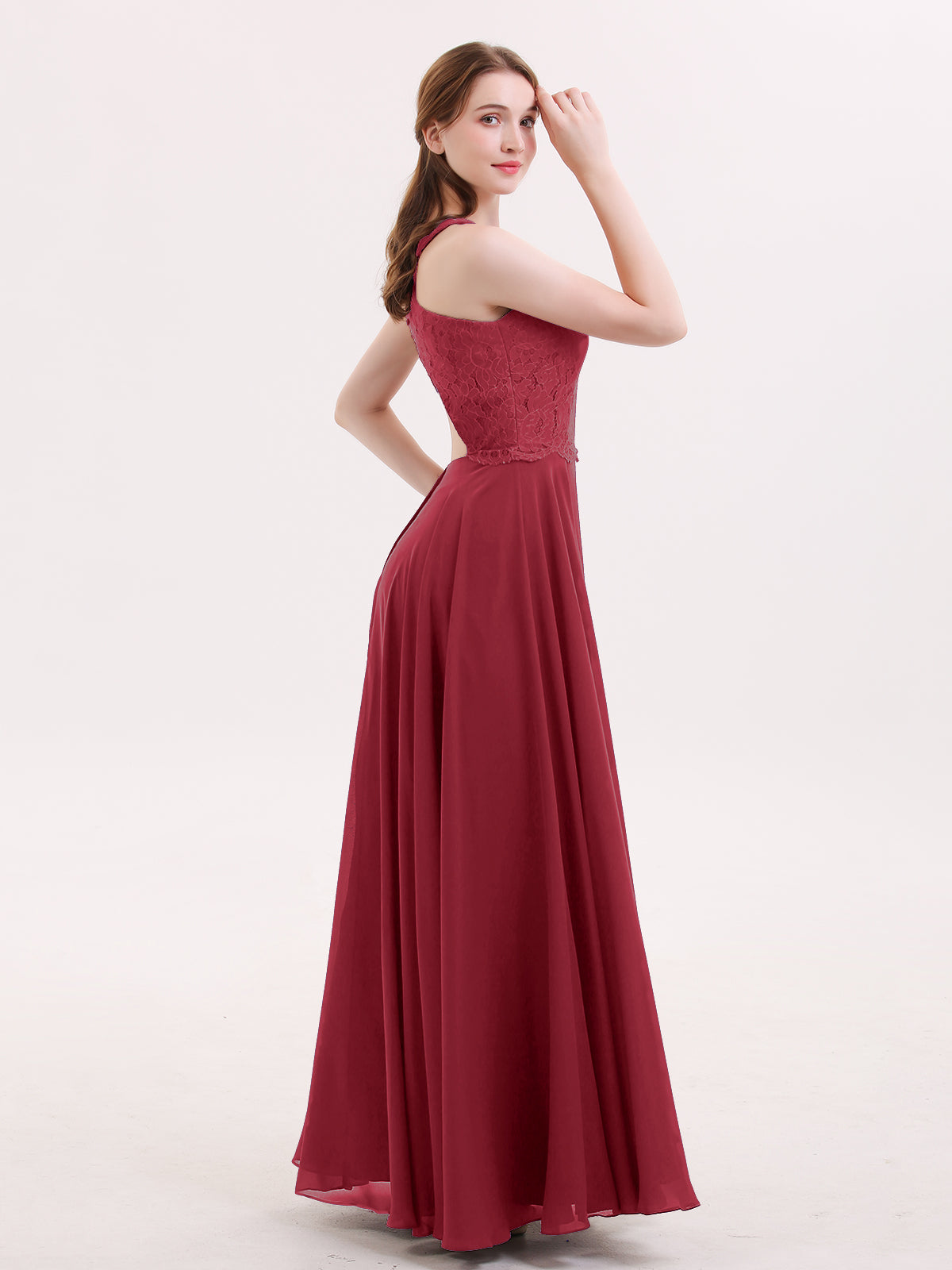 Lace and Chiffon Halter Dress with Open Back-Burgundy