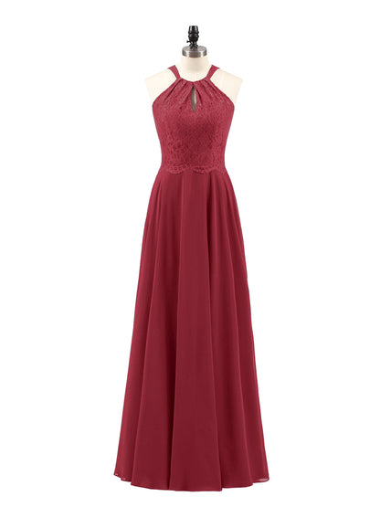 Lace and Chiffon Halter Dress with Open Back-Burgundy