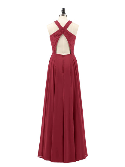 Lace and Chiffon Halter Dress with Open Back-Burgundy