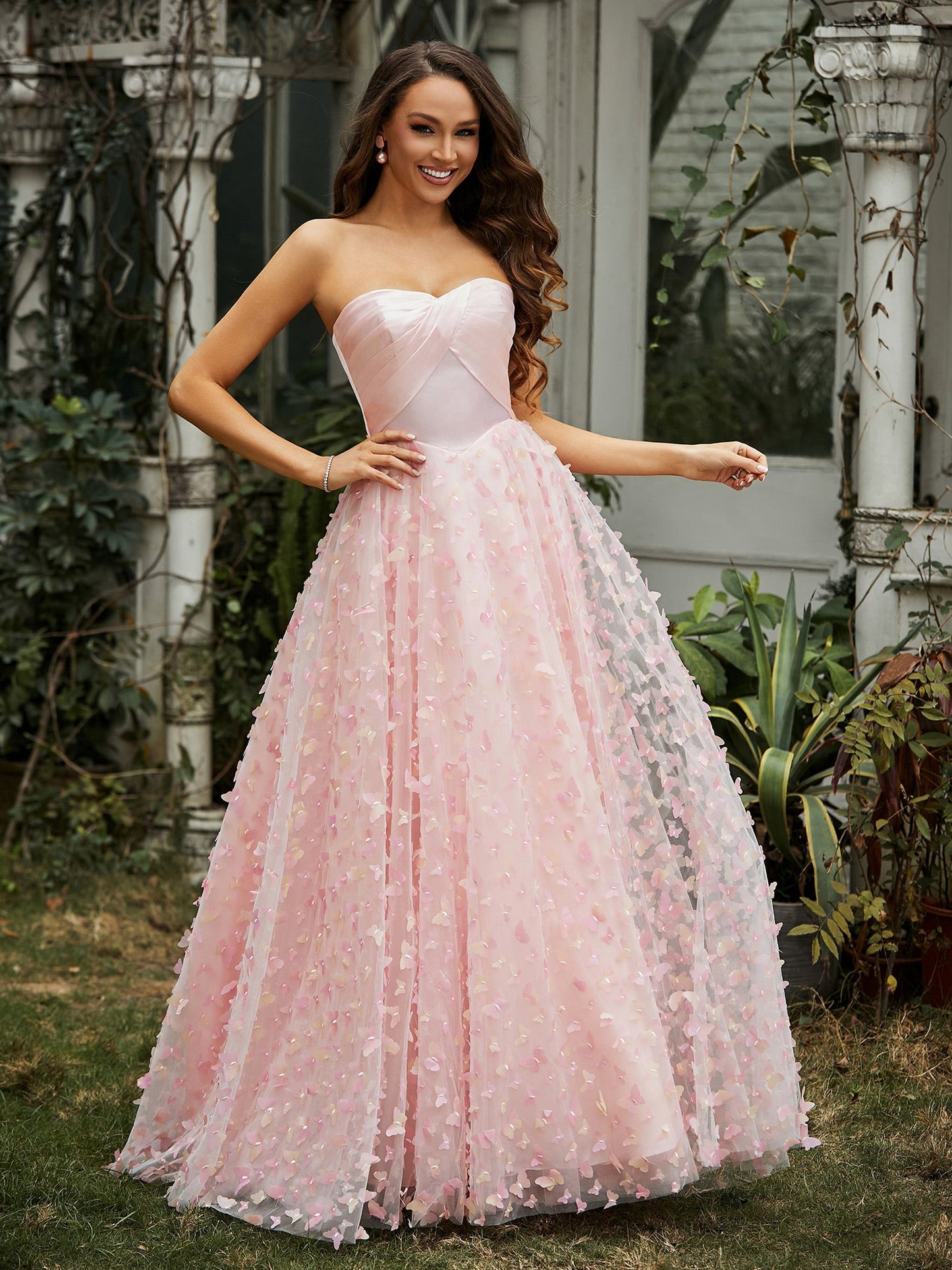 Sweetheart Butterflies Appliqued Ball Gown Pink
