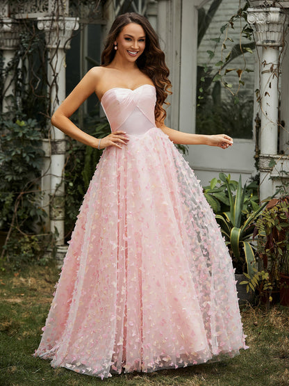Sweetheart Butterflies Appliqued Ball Gown Pink