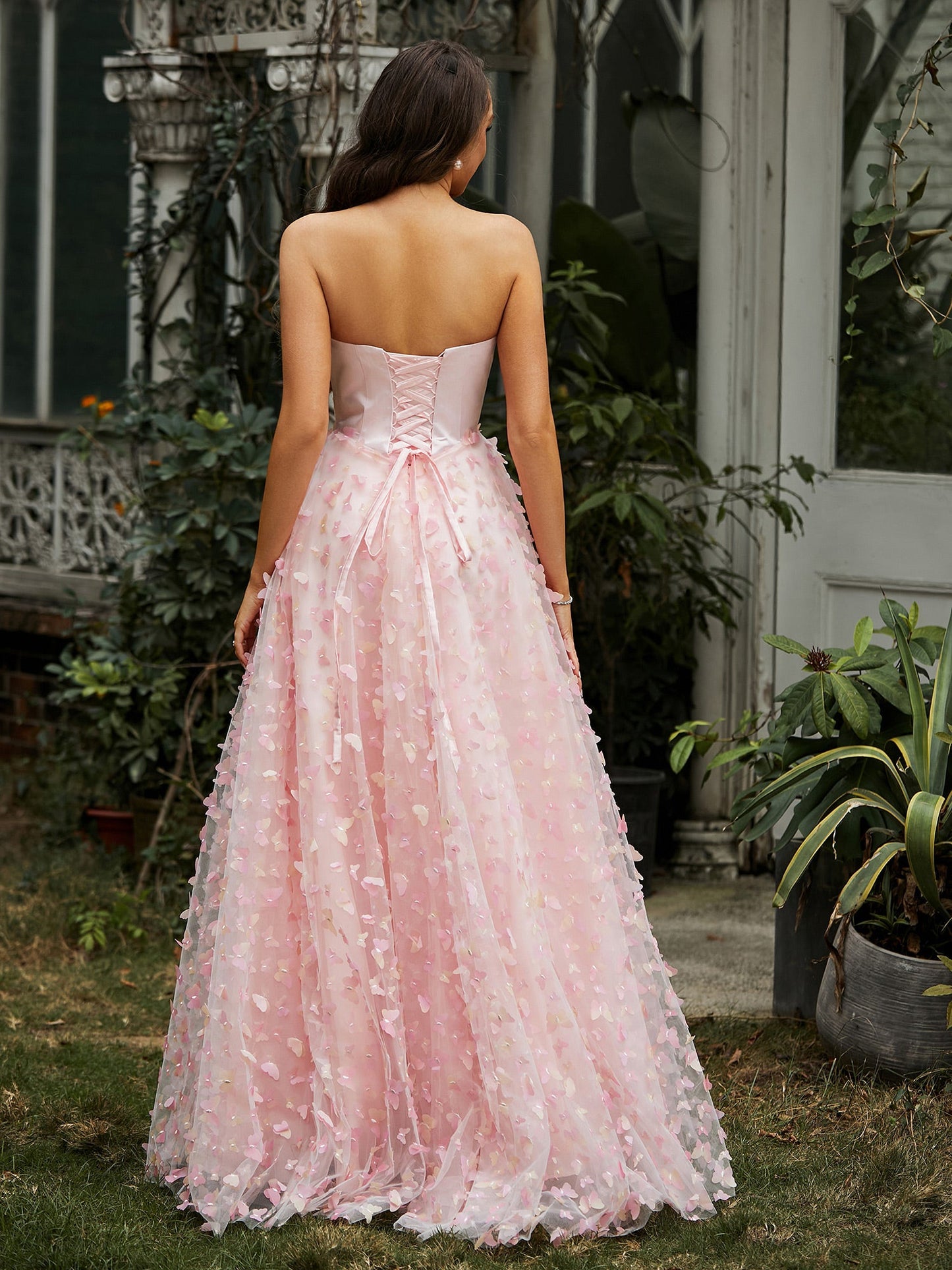 Sweetheart Butterflies Appliqued Ball Gown Pink