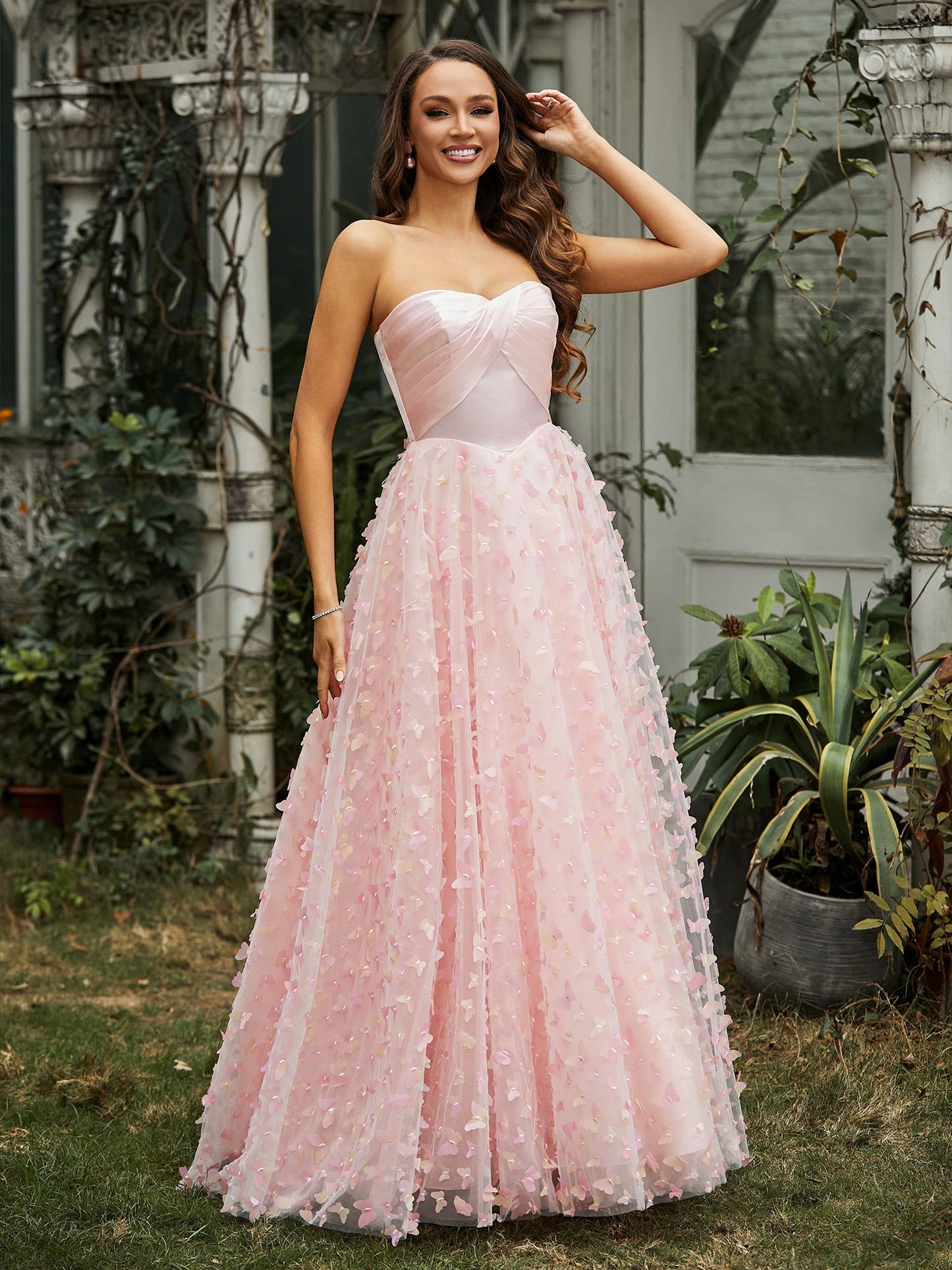 Sweetheart Butterflies Appliqued Ball Gown Pink
