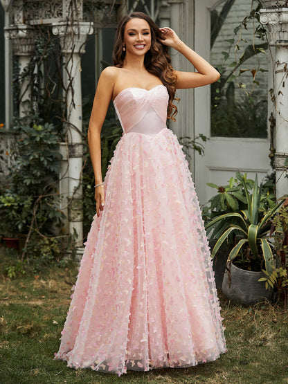 Sweetheart Butterflies Appliqued Ball Gown Pink