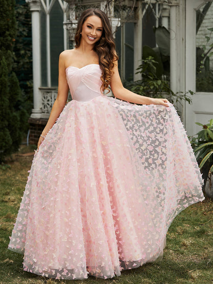 Sweetheart Butterflies Appliqued Ball Gown Pink